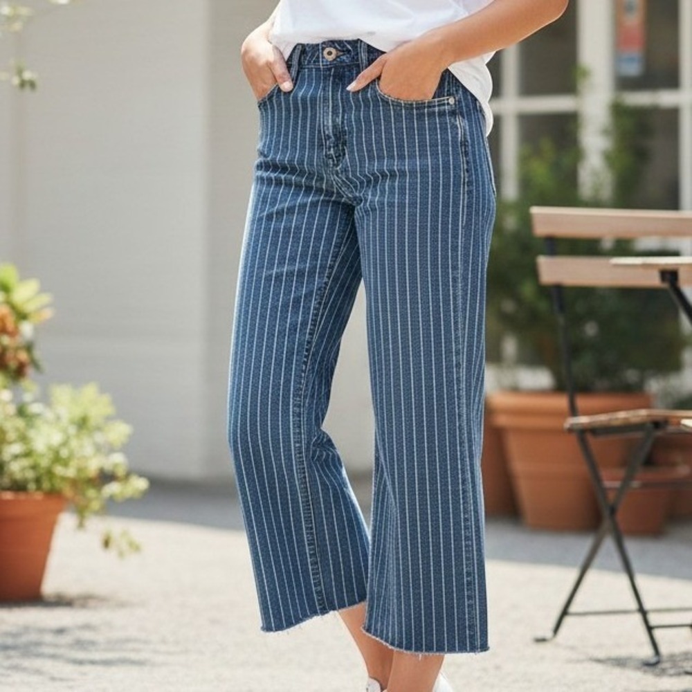 American Eagle Pinstripe Wide Leg Crop High Rise Jeans 4 Short Blue Boho